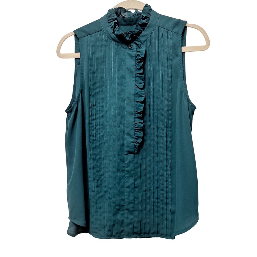 Ann Taylor Womens Dark Green Ruffle High Neck Pleated Sleeveless Blouse Size 8